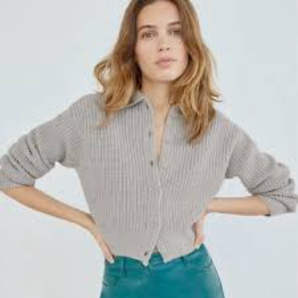 Nextdoor Gray Collared Ribbed Knit 100% Merino Wool Sweater